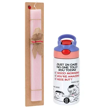 Just in case no one told you today..., Easter Set, Children's thermal stainless steel water bottle with safety straw, pink/purple (350ml) & Easter scented flat candle (30cm) (PINK)