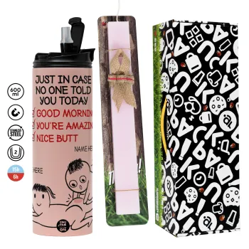 Just in case no one told you today..., Πασχαλινή Λαμπάδα με  ΡΟΖ Travel Tumbler θερμό (600ml, BPA free) & κερί αρωματικό πλακέ (30cm) (ΡΟΖ)