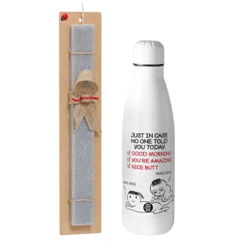 Just in case no one told you today..., Easter Set, metallic stainless thermos bottle (500ml) & scented flat Easter candle (30cm) (GRAY)