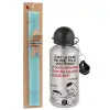 Easter Set, metallic silver aluminum water bottle (500ml) & scented flat Easter candle (30cm) (TURQUOISE)