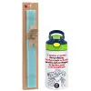 Easter Set, Children's thermal stainless steel bottle with safety straw, green/blue (350ml) & aromatic flat Easter candle (30cm) (TURQUOISE)