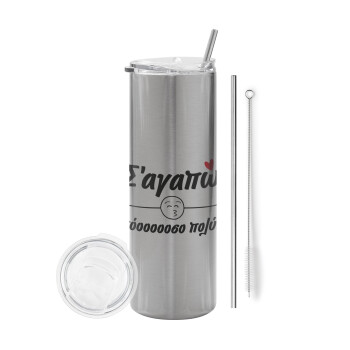 Σ΄ αγαπώ τόοοοοοσο πολύ!!!, Tumbler stainless steel Silver 600ml, with metal straw & cleaning brush