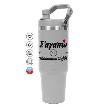 Σ΄ αγαπώ τόοοοοοσο πολύ!!!, GREY color, 890ml (30oz) stainless Steel Tumbler with Handle