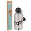 Easter Set, metallic silver aluminum water bottle (500ml) & scented flat Easter candle (30cm) (TURQUOISE)