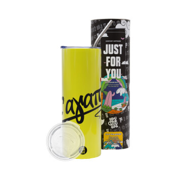 Σ΄ αγαπώ!!!, Neon Yellow Travel Tumbler, with metal straw (Stainless steel 304 Food grade, BPA free, 600ml)