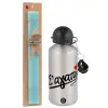 Easter Set, metallic silver aluminum water bottle (500ml) & scented flat Easter candle (30cm) (TURQUOISE)