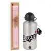 Easter Set, metallic Silver aluminum water bottle (500ml) & scented flat Easter candle (30cm) (PINK)