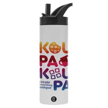 koupakoupa, Μεταλλικό παγούρι θερμός με καλαμάκι & χειρολαβή, ανοξείδωτο ατσάλι (Stainless steel 304), διπλού τοιχώματος, 600ml