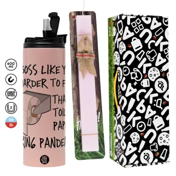 A boss like you is harder to find, than a toilet paper during pandemic, Πασχαλινή Λαμπάδα με  ΡΟΖ Travel Tumbler θερμό (600ml, BPA free) & κερί αρωματικό πλακέ (30cm) (ΡΟΖ)