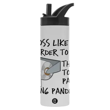 A boss like you is harder to find, than a toilet paper during pandemic, Μεταλλικό παγούρι θερμός με καλαμάκι & χειρολαβή, ανοξείδωτο ατσάλι (Stainless steel 304), διπλού τοιχώματος, 600ml