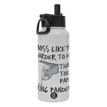 A boss like you is harder to find, than a toilet paper during pandemic, Μεταλλικό παγούρι θερμός Λευκό με καλαμάκι και χερούλι (Stainless steel), διπλού τοιχώματος, 950ml