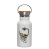 Metallic thermos (Stainless steel) White with wooden lid (bamboo), double-walled, 350ml