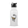 White water bottle with straw, stainless steel 600ml