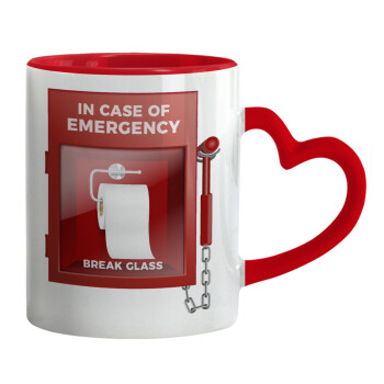 In case of emergency break the glass!, Mug heart red handle, ceramic, 330ml