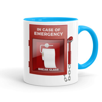 In case of emergency break the glass!, Mug colored light blue, ceramic, 330ml
