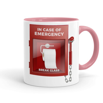 In case of emergency break the glass!, Mug colored pink, ceramic, 330ml