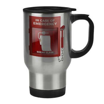 In case of emergency break the glass!, Stainless steel travel mug with lid, double wall 450ml