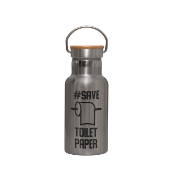 Save toilet Paper, Stainless steel metallic thermos flask, silver with a bamboo lid, double-walled, 350ml.