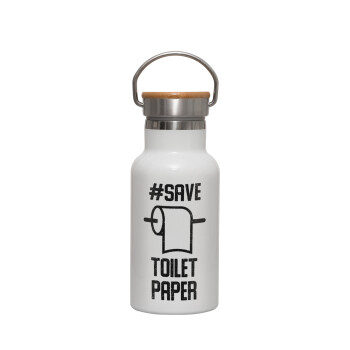 Save toilet Paper, Μεταλλικό παγούρι θερμός (Stainless steel) Λευκό με ξύλινο καπακι (bamboo), διπλού τοιχώματος, 350ml