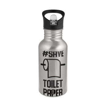 Save toilet Paper, Water bottle Silver with straw, stainless steel 500ml