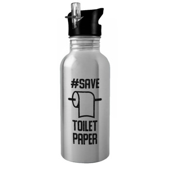 Save toilet Paper, Water bottle Silver with straw, stainless steel 600ml