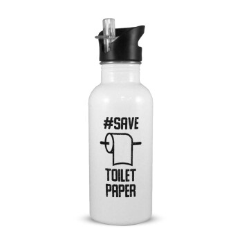 Save toilet Paper, Παγούρι νερού Λευκό με καλαμάκι, ανοξείδωτο ατσάλι 600ml