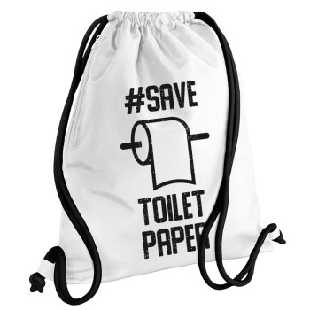 Save toilet Paper, Τσάντα πλάτης πουγκί GYMBAG λευκή, με τσέπη (40x48cm) & χονδρά κορδόνια