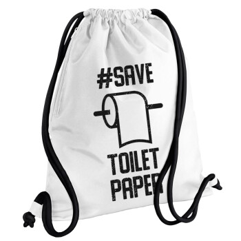 Save toilet Paper, Backpack pouch GYMBAG white, with pocket (40x48cm) & thick cords