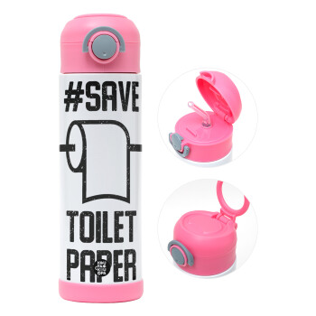 Save toilet Paper, Children's hot water bottle, stainless steel, with safety straw, PINK (500ml)