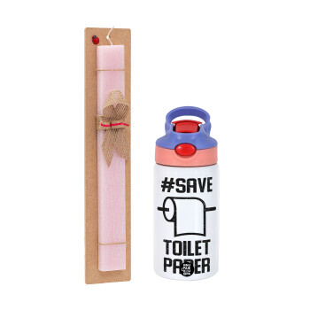Save toilet Paper, Easter Set, Children's thermal stainless steel water bottle with safety straw, pink/purple (350ml) & Easter scented flat candle (30cm) (PINK)