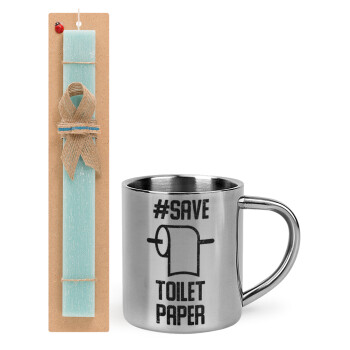 Save toilet Paper, Easter Set, metallic thermal cup (300ml) & aromatic flat Easter candle (30cm) (TURQUOISE)