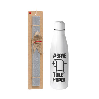 Save toilet Paper, Easter Set, metallic stainless thermos bottle (500ml) & scented flat Easter candle (30cm) (GRAY)