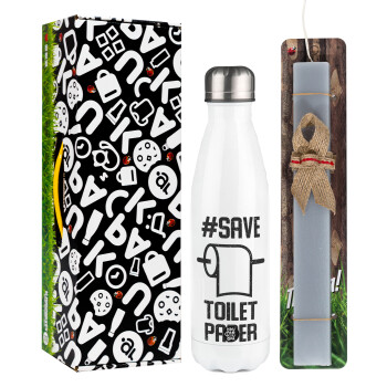 Save toilet Paper, Πασχαλινή Λαμπάδα με μεταλλικό παγούρι θερμός λευκός (500ml) & λαμπάδα αρωματική πλακέ (30cm) (ΓΚΡΙ)