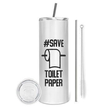 Save toilet Paper, Eco friendly ποτήρι θερμό (tumbler) από ανοξείδωτο ατσάλι 600ml, με μεταλλικό καλαμάκι & βούρτσα καθαρισμού