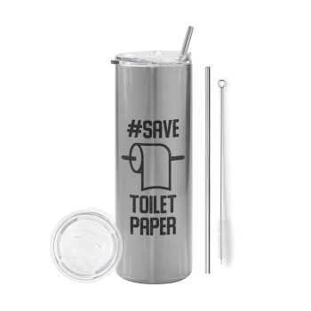 Save toilet Paper, Eco friendly ποτήρι θερμό Ασημένιο (tumbler) από ανοξείδωτο ατσάλι 600ml, με μεταλλικό καλαμάκι & βούρτσα καθαρισμού