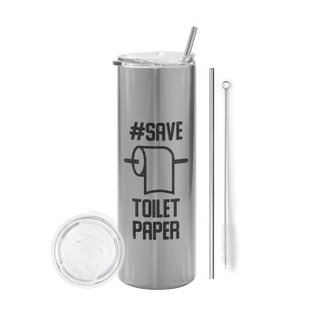 Save toilet Paper, Tumbler stainless steel Silver 600ml, with metal straw & cleaning brush
