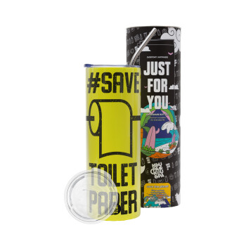 Save toilet Paper, Neon Yellow Travel Tumbler θερμό, μεταλλικό καλαμάκι(Ανωξείδωτο 304 Food grade, BPA free, 600ml)