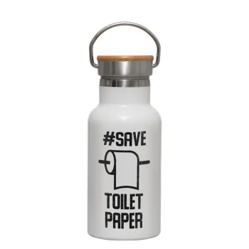 Save toilet Paper, Μεταλλικό παγούρι θερμός (Stainless steel) Λευκό με ξύλινο καπακι (bamboo), διπλού τοιχώματος, 350ml
