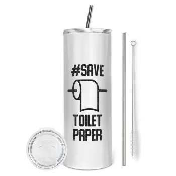 Save toilet Paper, Tumbler ποτήρι θερμό από ανοξείδωτο ατσάλι 600ml, με μεταλλικό καλαμάκι & βούρτσα καθαρισμού