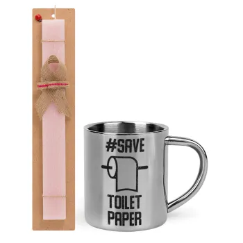 Save toilet Paper, Easter Set, metallic thermal cup (300ml) & aromatic flat Easter candle (30cm) (PINK)