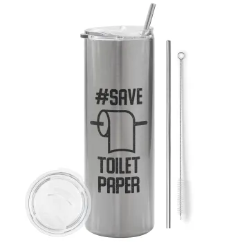 Save toilet Paper, Tumbler ποτήρι θερμό Ασημένιο από ανοξείδωτο ατσάλι 600ml, με μεταλλικό καλαμάκι & βούρτσα καθαρισμού