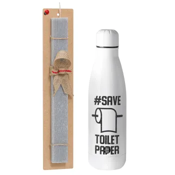 Save toilet Paper, Easter Set, metallic stainless thermos bottle (500ml) & scented flat Easter candle (30cm) (GRAY)