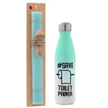 Save toilet Paper, Easter Set, Metallic green/white thermos (Stainless steel), double-walled, 500ml & scented flat Easter candle (30cm) (TURQUOISE)