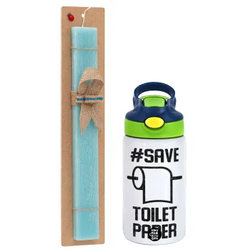 Save toilet Paper, Easter Set, Children's thermal stainless steel bottle with safety straw, green/blue (350ml) & aromatic flat Easter candle (30cm) (TURQUOISE)