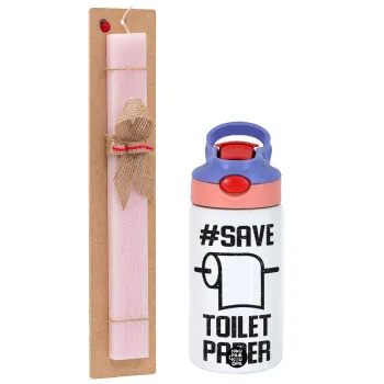 Save toilet Paper, Easter Set, Children's thermal stainless steel water bottle with safety straw, pink/purple (350ml) & Easter scented flat candle (30cm) (PINK)