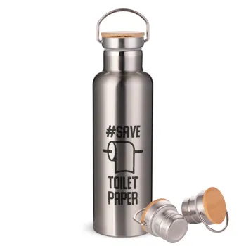 Save toilet Paper, Μεταλλικό παγούρι θερμός (Stainless steel) Ασημένιο με ξύλινο καπακι (bamboo), διπλού τοιχώματος, 750ml
