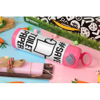 Save toilet Paper, Πασχαλινή Λαμπάδα με Παιδικό παγούρι θερμό, ανοξείδωτο, με καλαμάκι ασφαλείας, ΡΟΖ (500ml)