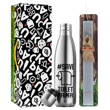 Save toilet Paper, Easter Set, metallic stainless thermos flask (500ml) & scented flat Easter candle (30cm) (GRAY)