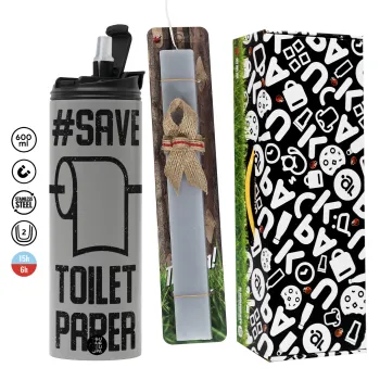 Save toilet Paper, Πασχαλινή Λαμπάδα με Travel Tumbler θερμό (600ml, BPA free) & κερί αρωματικό πλακέ (30cm) (ΓΚΡΙ)