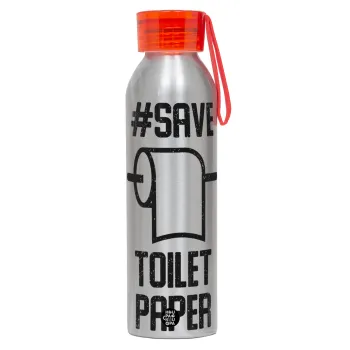Save toilet Paper, Αλουμινένιο Αθλητικό Μπουκάλι 650ml – Ασημί με Κόκκινο Καπάκι και Λουράκι Σιλικόνης
